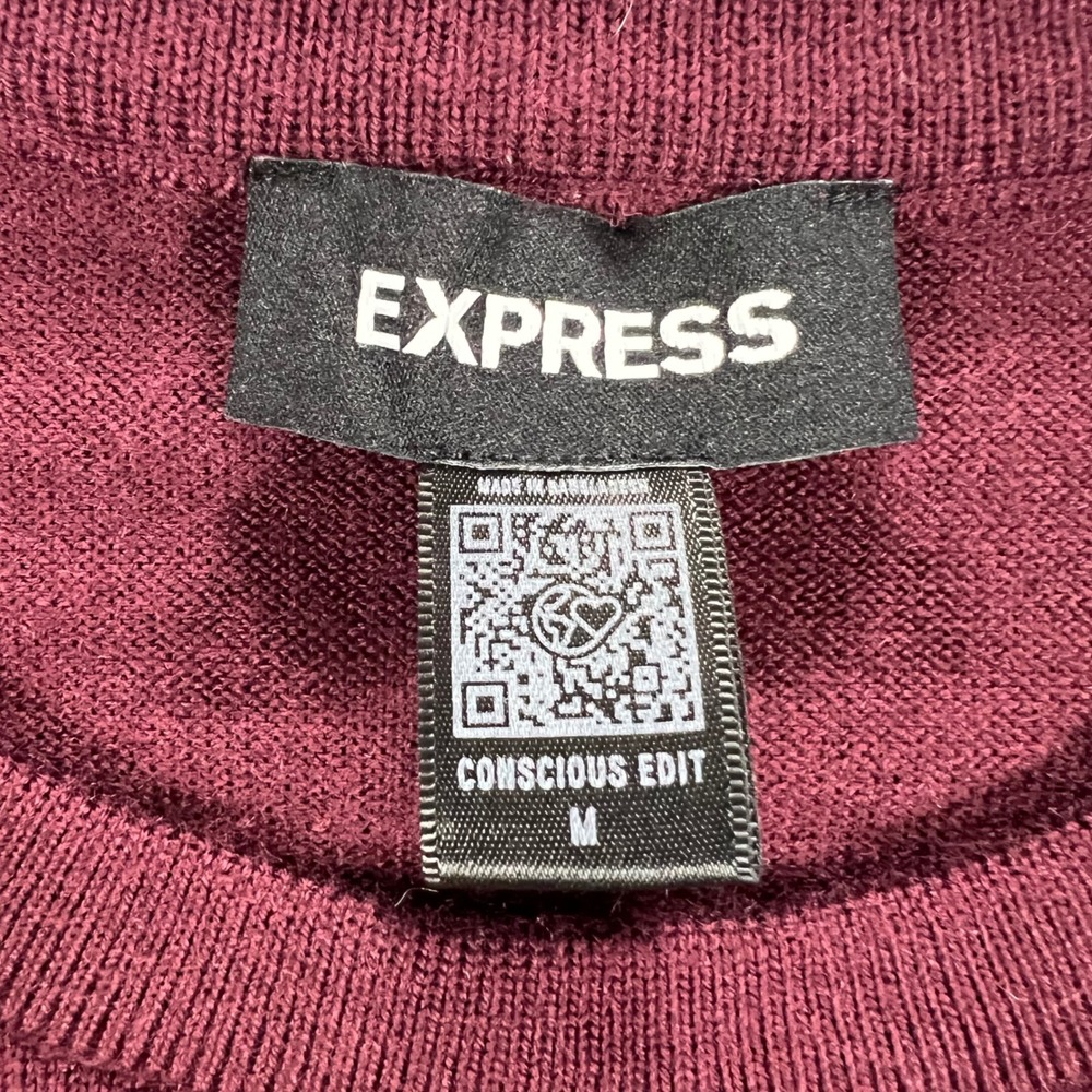 EXPRESS Crewneck Sweater Mens Medium Burgundy Maroon 100 Merino Wool .5" Hole - Picture 10 of 16